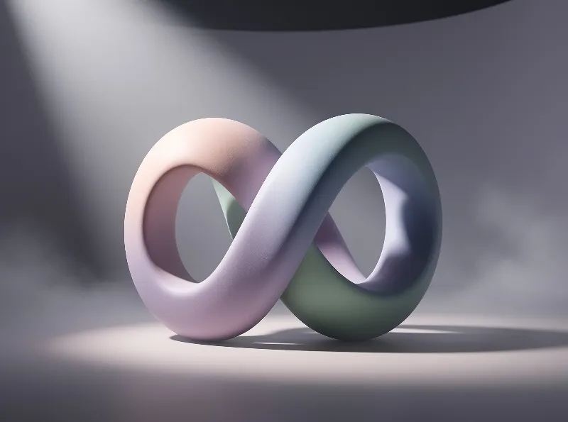 A smooth pastel infinity loop sculpture rests on a neutral grey surface with soft gradient lighting and a matte finish.