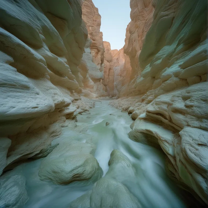 A smooth river flows through a narrow sandstone canyon with curved walls and gentle lighting.