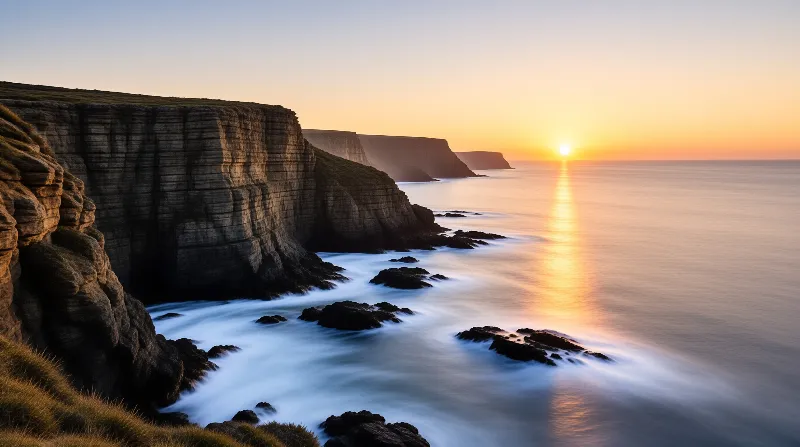 Steep rock layers line the coast next to silky water reflecting the orange sun.