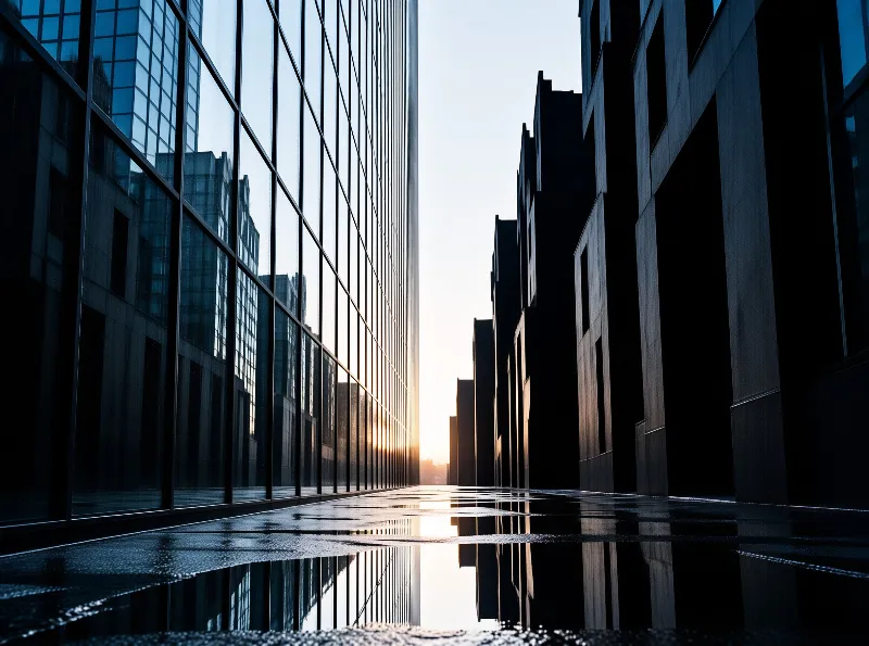Tall office slabs face each other across a rain slicked plaza, with the last sun glowing between their mirrored walls.