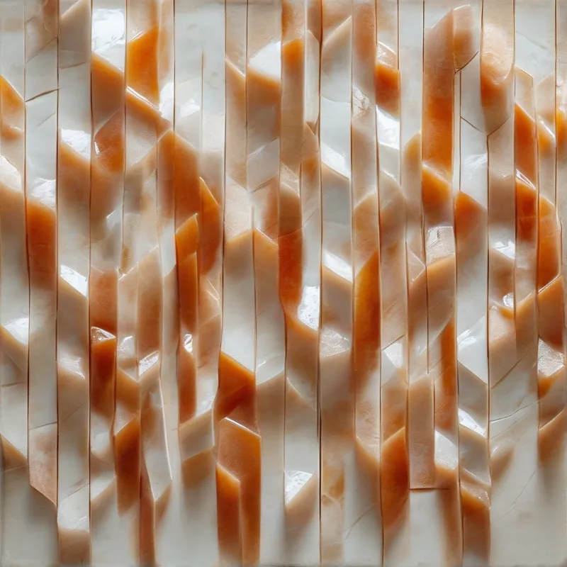 Vertical strips of alternating white and orange material arranged in a tight parallel formation under soft lighting.