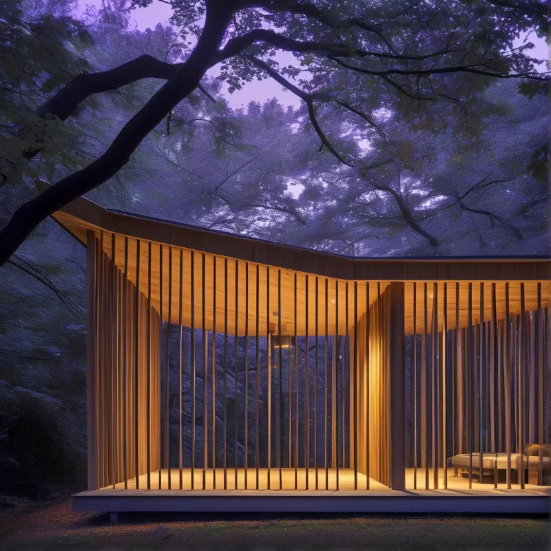 A wooden structure with vertical slats emits warm light beneath large branches during purple twilight