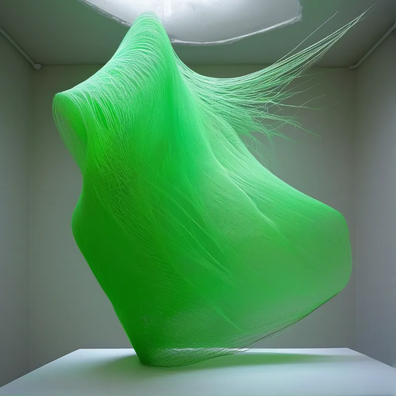 A large lime green sculpture made of fine strands sits on a white pedestal in a bright white room.