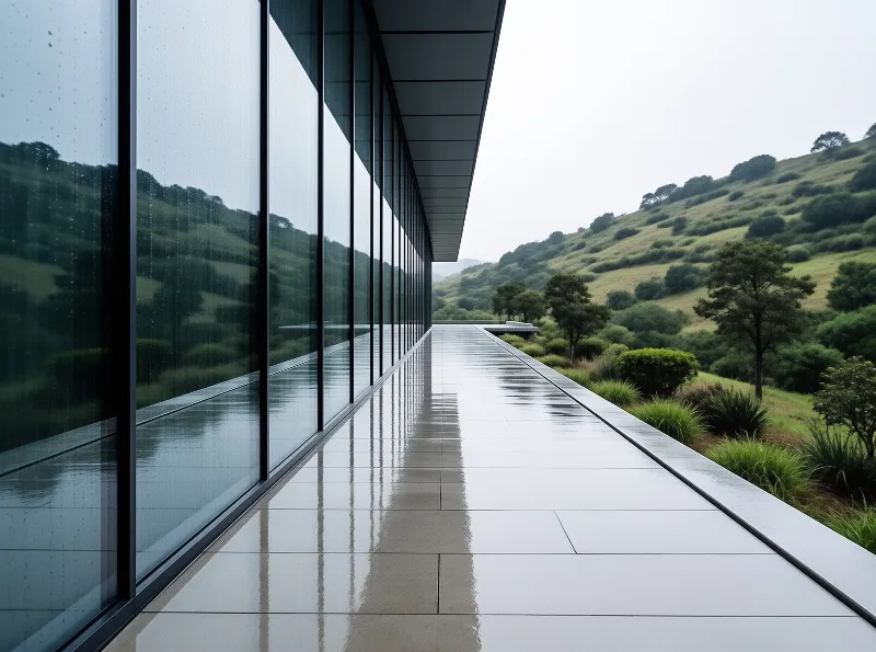 A long wet walkway runs alongside a glass-walled building with rolling hills in the background under a grey sky.