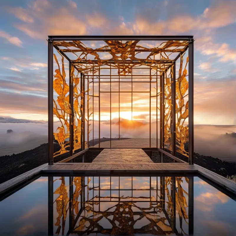 An ornate golden metal gazebo with leafy designs stands over a reflecting pool overlooking a misty valley at sunset.