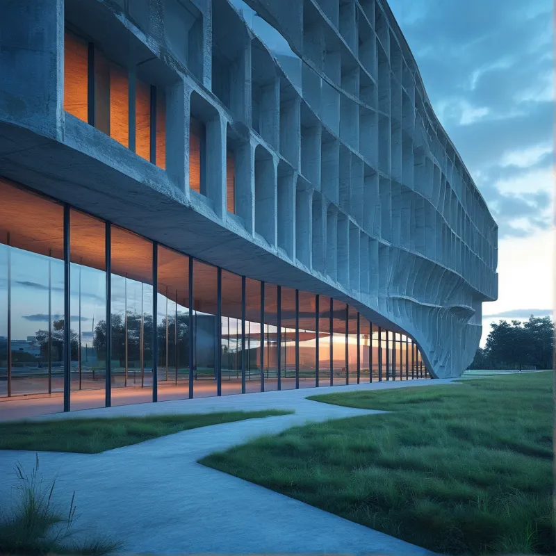 A sweeping concrete structure with a lattice exterior stands beside a lawn and paved walkway under a cloudy evening sky