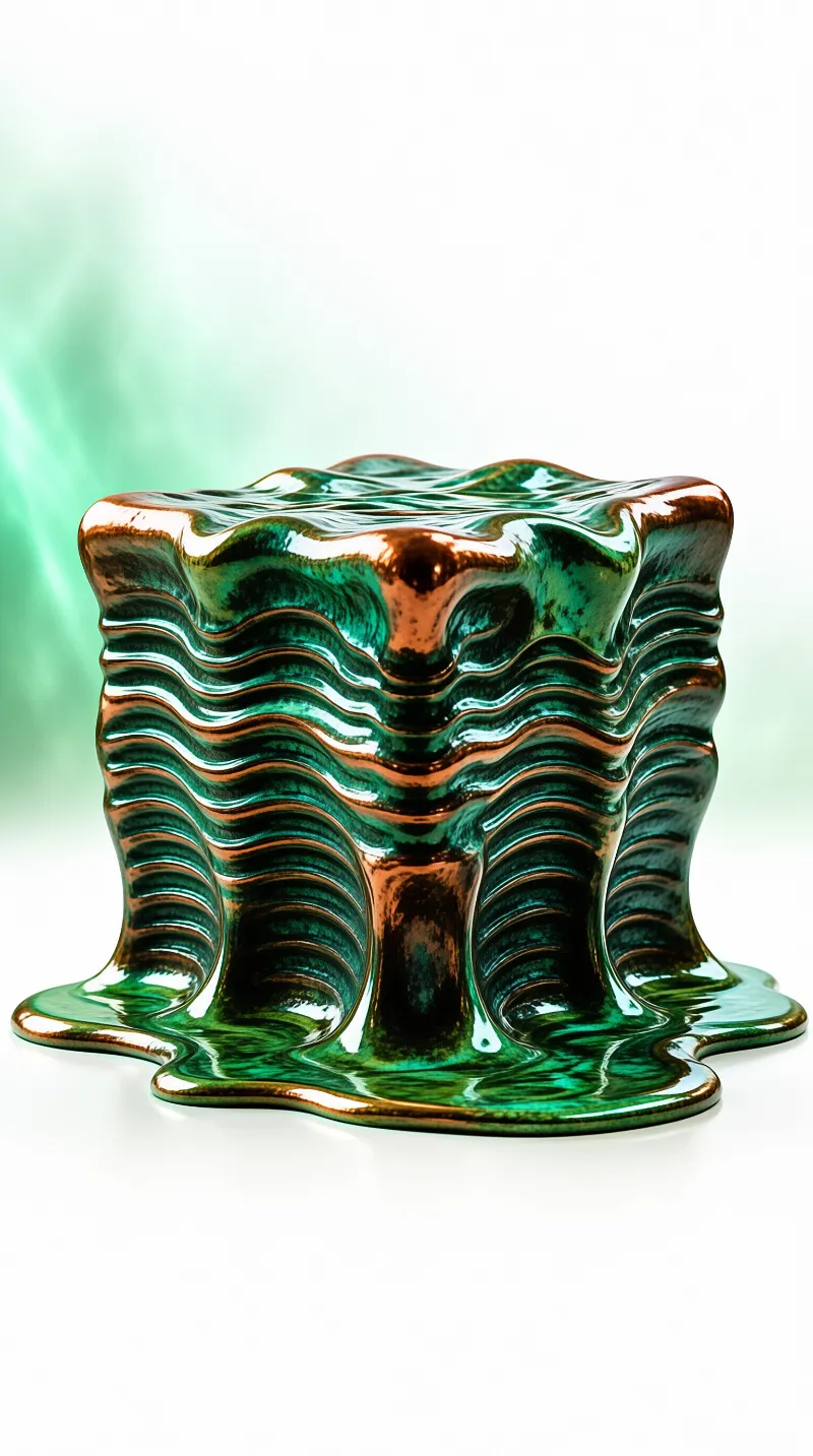A glossy green and copper metallic object resembles a melting block on a plain white surface with sharp reflections.