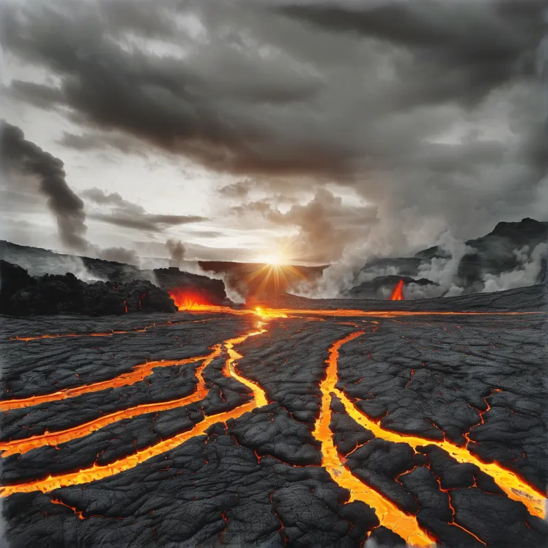 Glowing orange lava channels cut across a dark rocky landscape as sunlight breaks through heavy storm clouds.