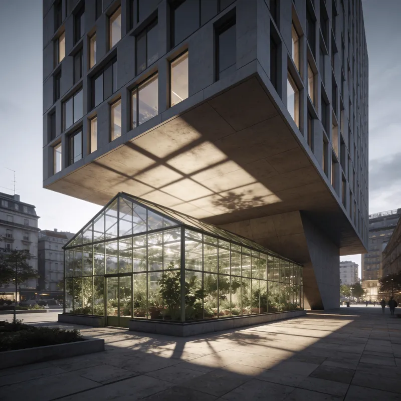 Greenhouse with Floating Cantilever — Urban Plaza