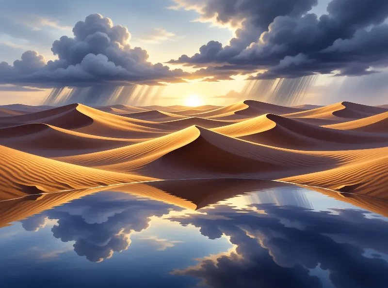 Golden sand dunes ripple across a desert landscape beneath a sky filled with clouds and sunbeams casting reflections onto a tranquil pool of water in the foreground.