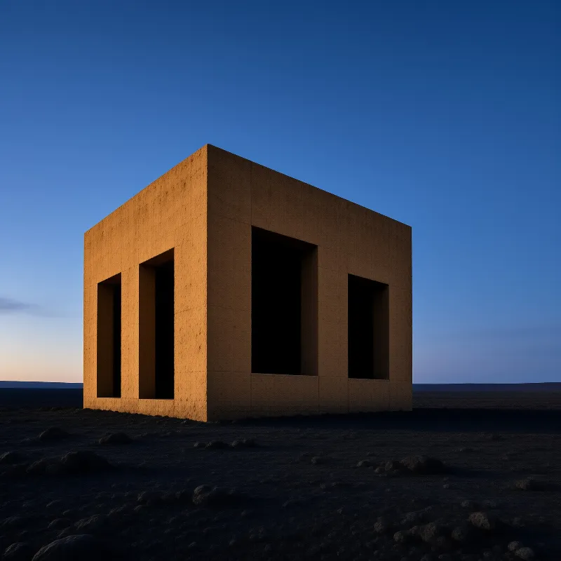 A solitary concrete building stands in a dark landscape while warm light illuminates its rugged exterior against a blue sky