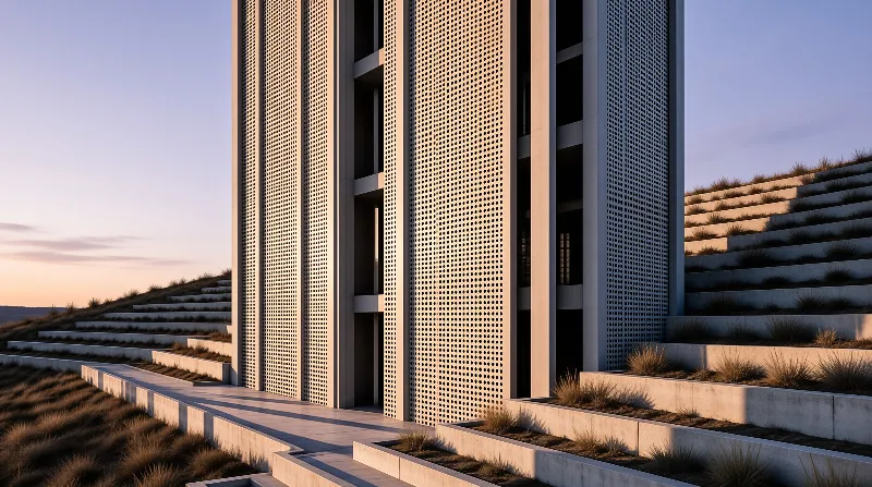 A modern concrete building with grid perforations stands amid stepped terraces of dry grass under a gradient sky at dusk.