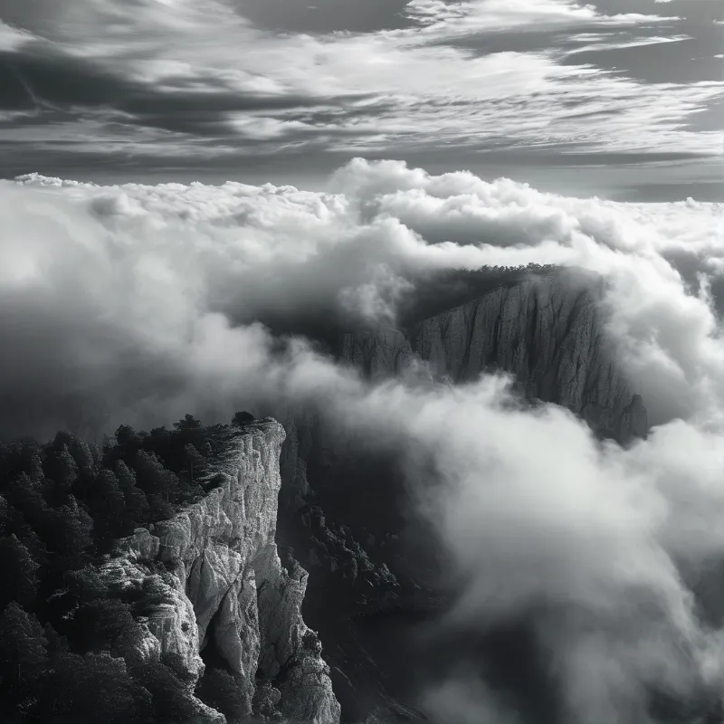 A black and white photograph of a steep rocky mountain peak emerging from a dense layer of low-lying clouds, with a forested cliff edge visible in the foreground on the left side.