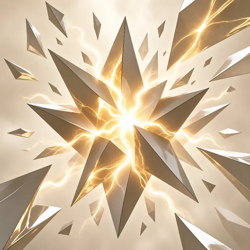 Faceted metallic spikes burst outward from a bright core while veins of warm electric light crackle across a pale backdrop