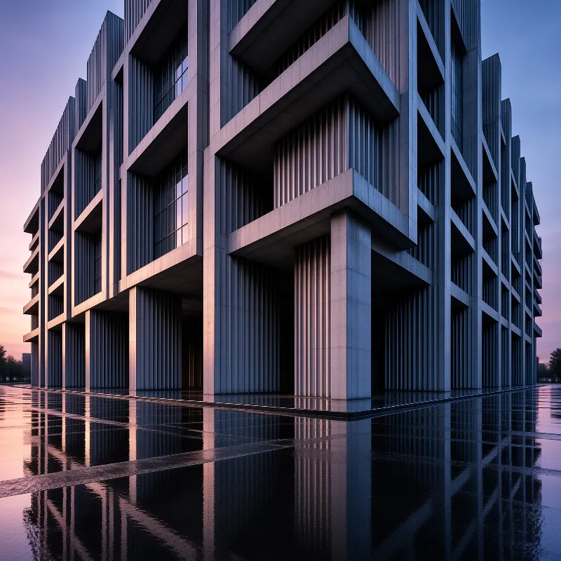 Vertical concrete fins and dark glass bays mirror a pink evening sky, doubled in the still water below the building.