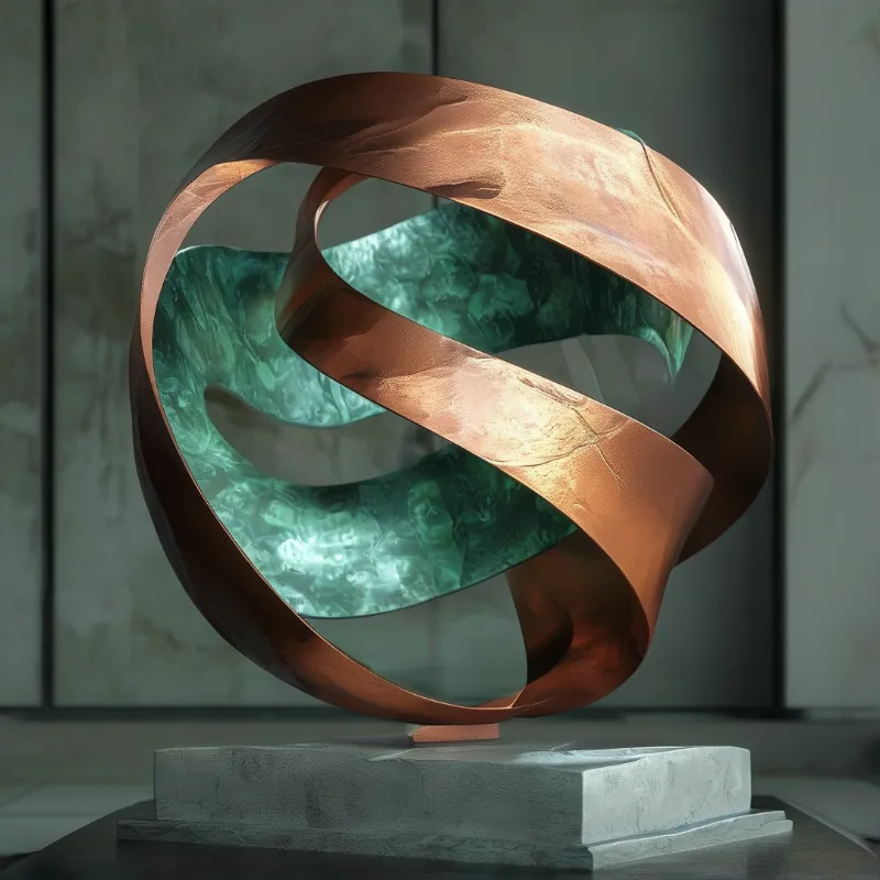 Hammered bronze bands twist into an open sphere around a mottled green stone centre, displayed on a rough grey plinth