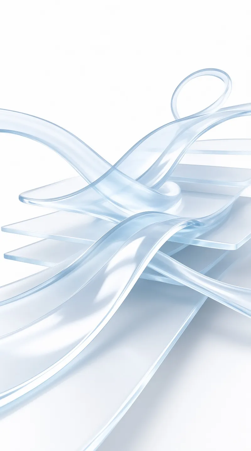 Abstract blue glass ribbons flow dynamically above stacked transparent sheets in bright light.