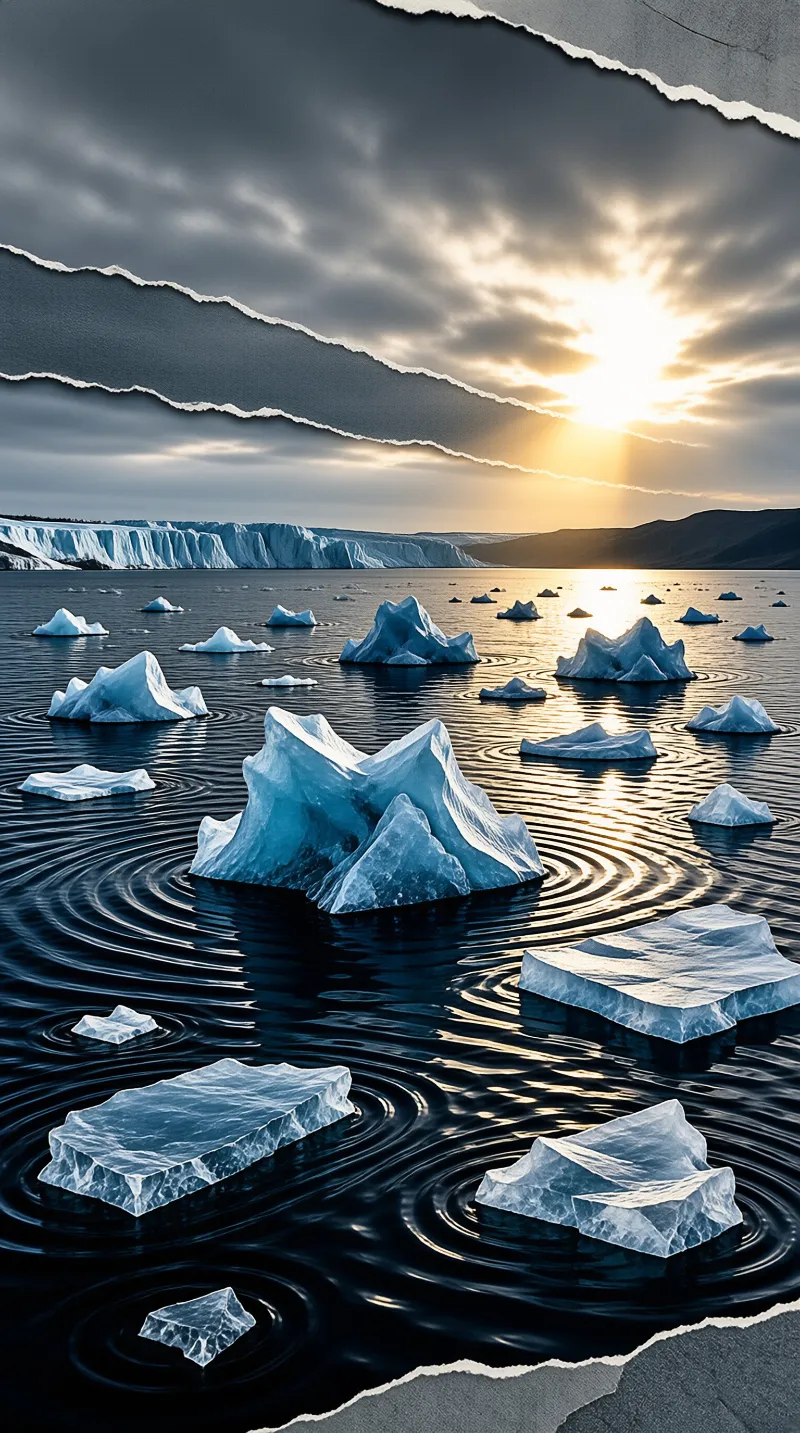 Layered surreal art displays angular ice chunks bobbing on rippling ocean during dusk.
