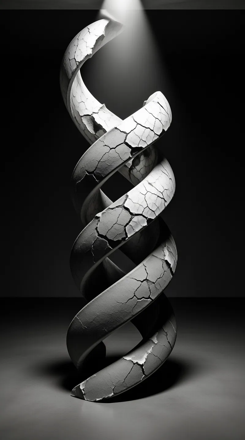 A fractured double helix sculpture rotates vertically within a dark void while a harsh overhead spotlight highlights its cracked white and grey textured surface.
