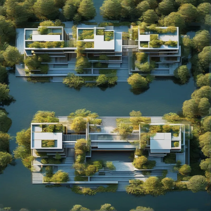 Top down view of contemporary white structures with planted roofs situated on a river surrounded by dense woodland.