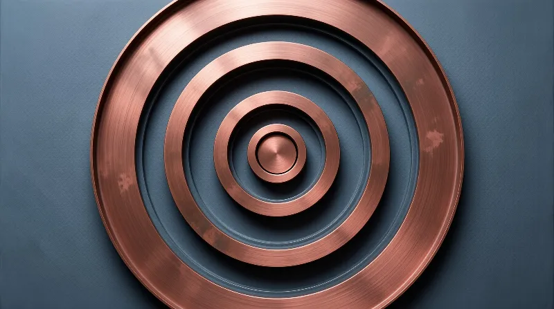 Concentric metallic discs arranged in a spiral pattern on a slate blue surface