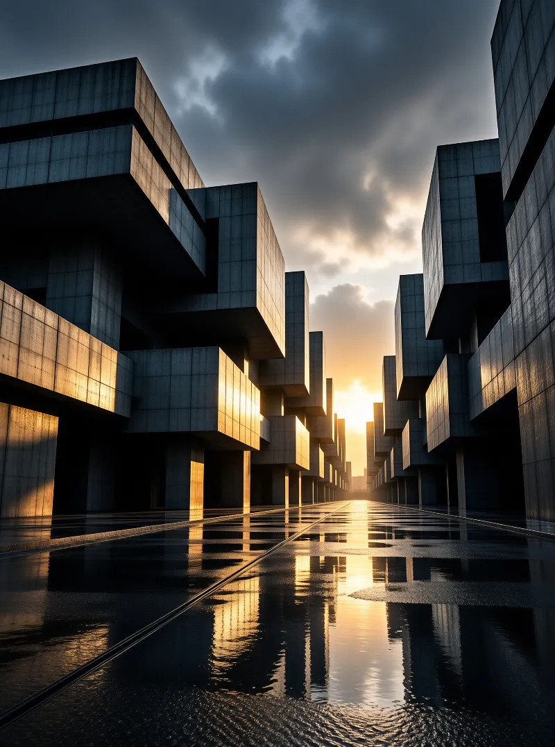 Massive concrete blocks line a wet reflective path as golden sunlight shines through clouds between the stark forms.