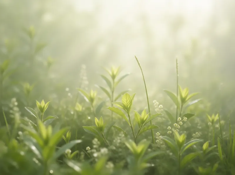 Sunlit Green Plants in Mist