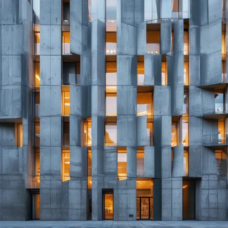 Twisted concrete columns frame a facade of warm glowing windows at dusk.