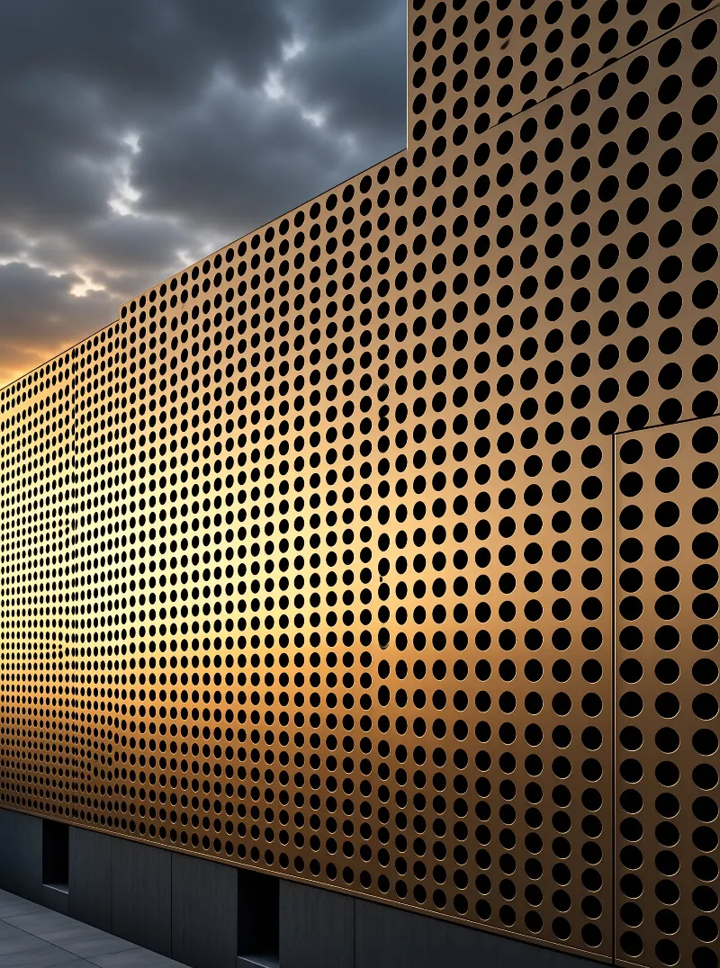 Modern building exterior clad in bronze panels punched with round holes, lit by sunset glow under heavy grey cloud.