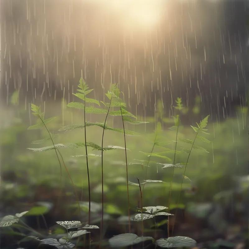 Several green fern fronds stand out against a soft blur of foliage while rain falls through beams of warm sunlight.