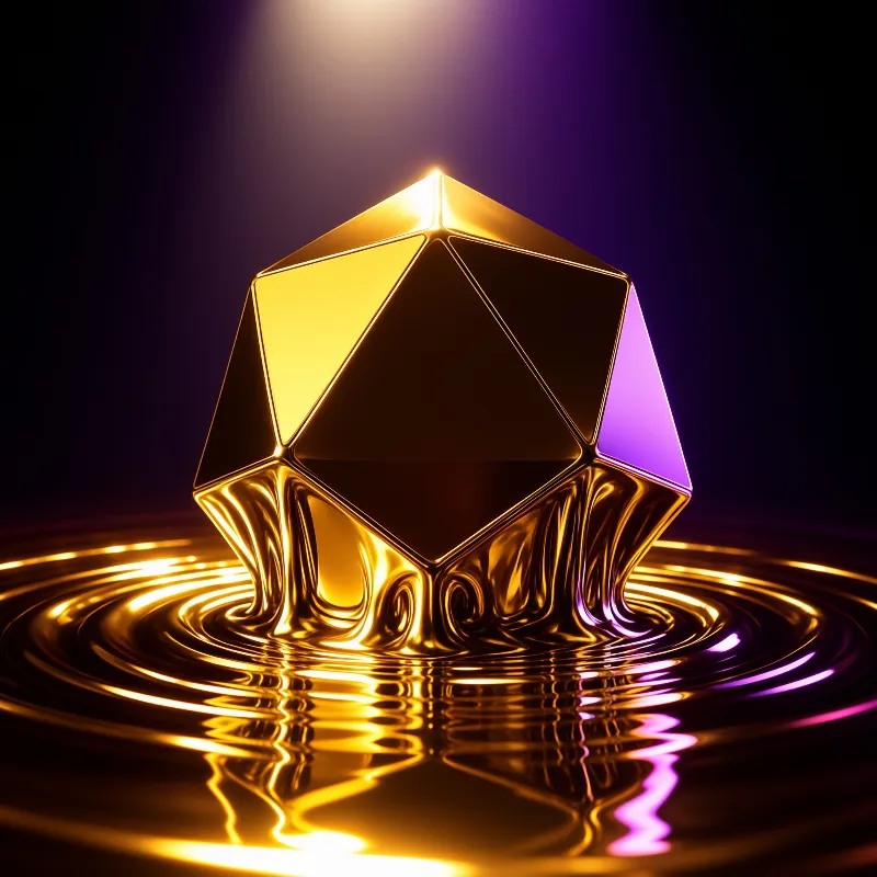 A shiny metallic dice shape sits in a pool of rippling gold liquid with purple lighting in the background.