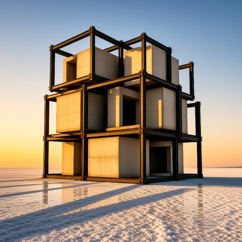 A cube of black steel beams holds pale concrete blocks above white salt crust beneath a glowing sunset sky.