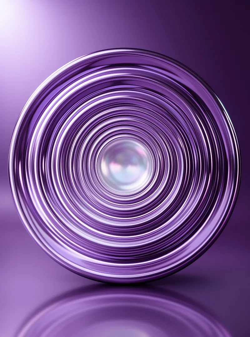 A glossy purple circular object with concentric rings hovers above a smooth surface reflecting its curved details.