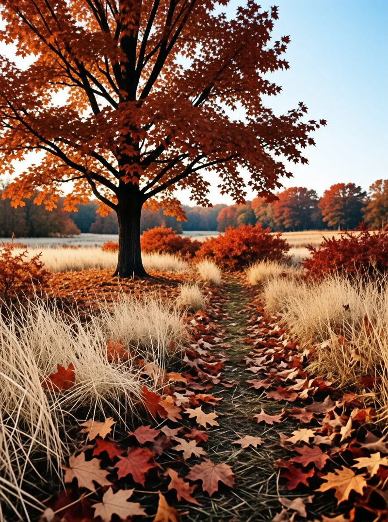 A solitary oak tree with vibrant orange leaves overlooks a leaf-strewn path bordered by tall beige grass.