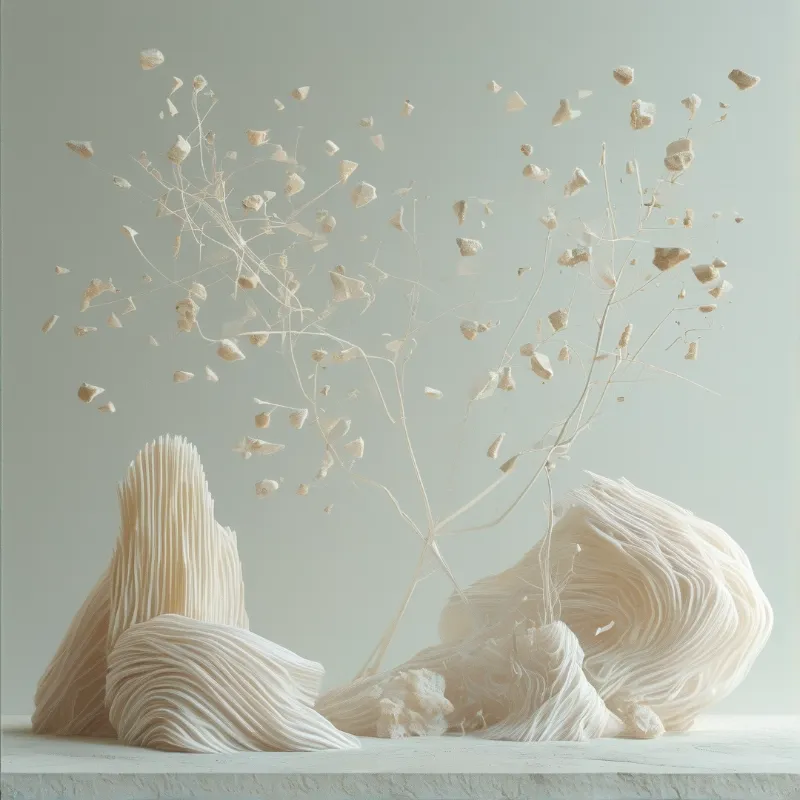 Fragile white plant stems with floating seed pods rise from a soft layered fabric base on a pale neutral background.