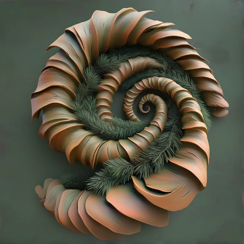 A spiral structure combining a segmented orange shell with a green fern-like inner core against a dark background.