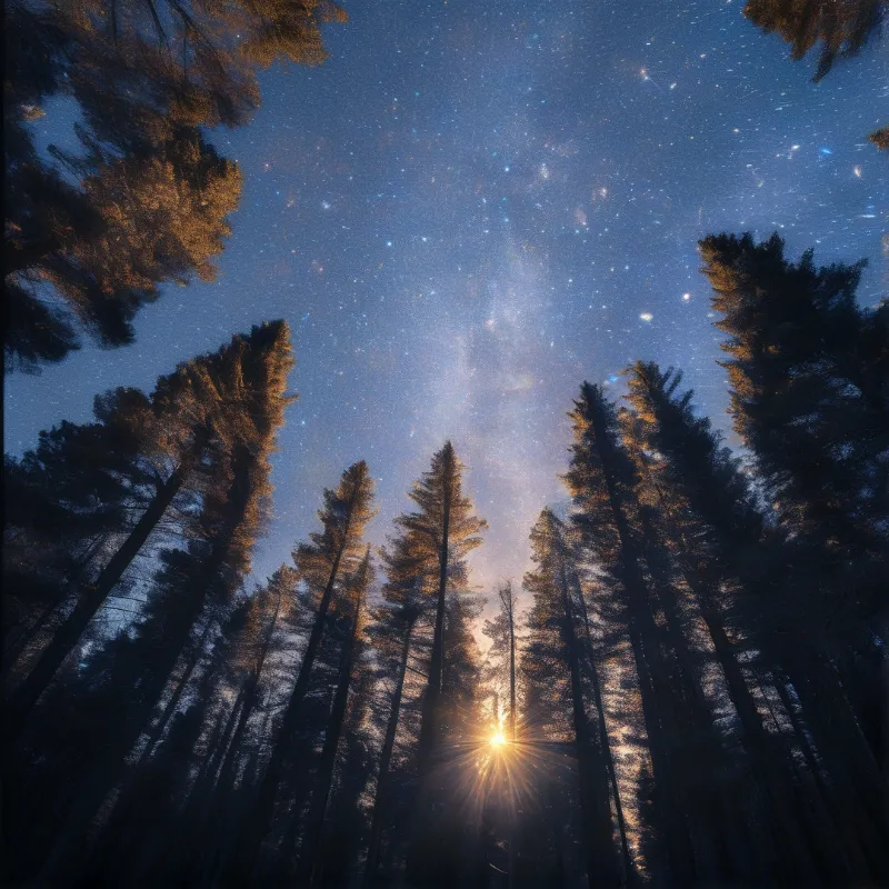 Tall pine trees rise against a deep blue starry sky where a bright light bursts through the lower canopy.