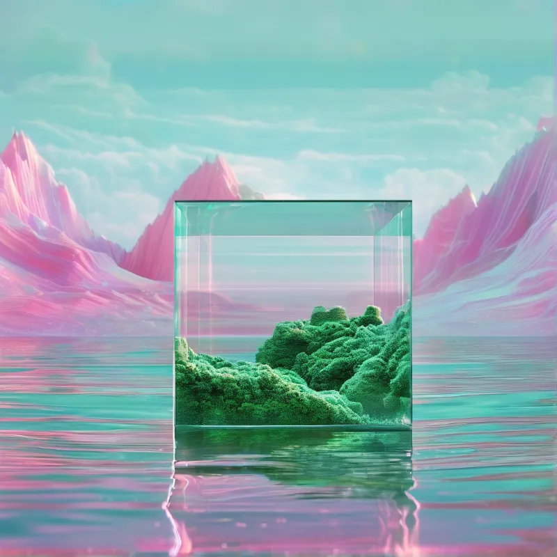 A transparent glass cube rests on calm turquoise water enclosing a small island of vivid green moss before pink peaks