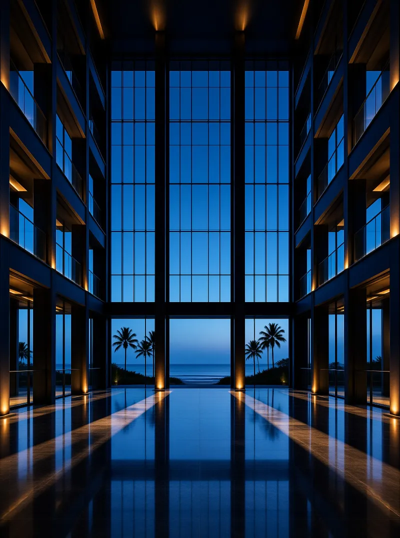Tall glass windows frame a dark ocean and palm trees while warm lights illuminate a symmetrical interior lobby at dusk.