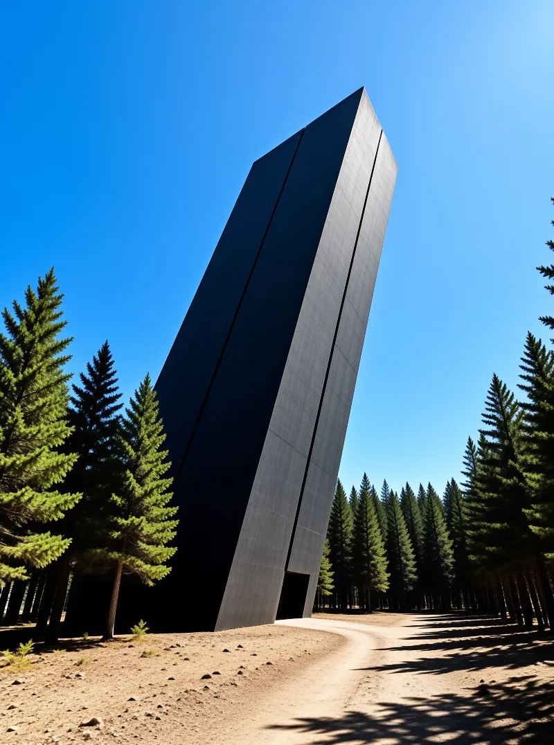 A massive dark angular structure leans amidst tall evergreen trees under a blue sky with a dirt path leading to its base.