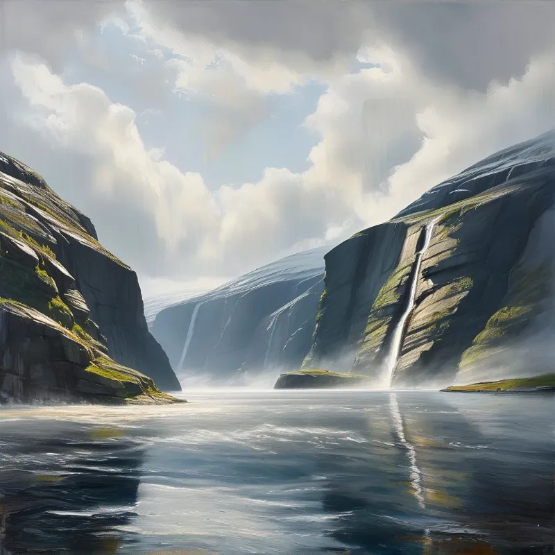 Tall rock formations surround a quiet lake while waterfalls rush down their sides under a bright cloudy sky.