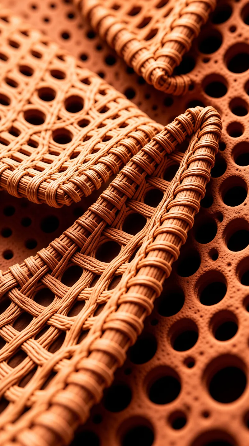 Detailed view of woven wicker chair frames positioned on a perforated wooden panel with warm lighting.