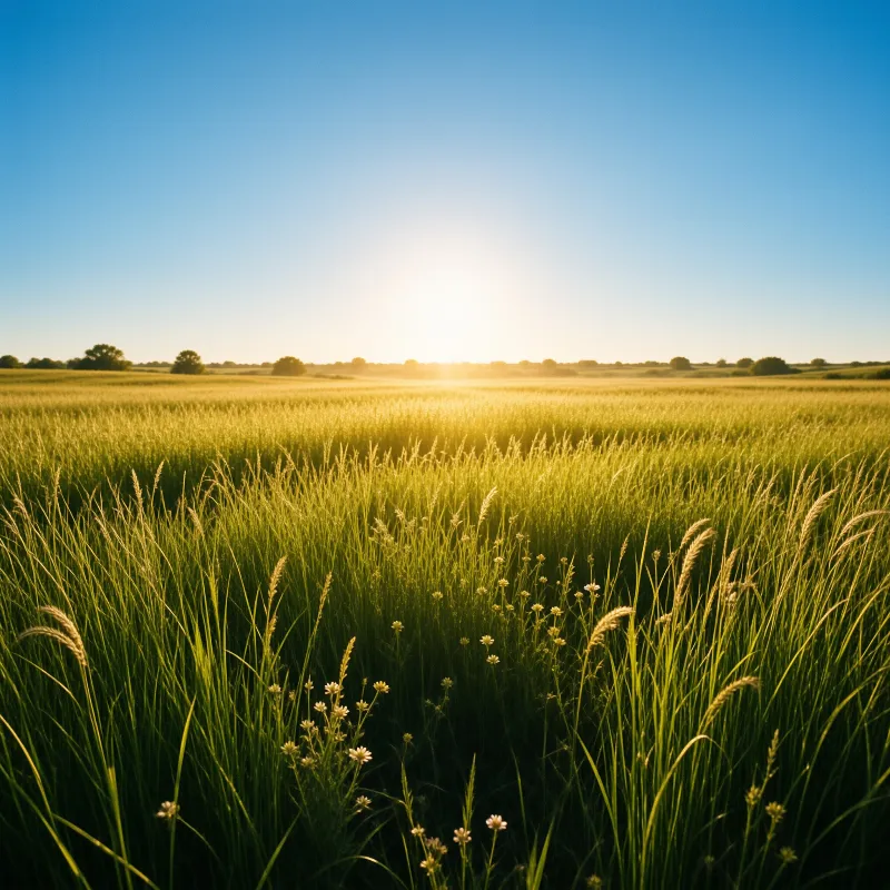 Green crop stalks fill the foreground as a bright sun rises low over a distant tree line beneath a clear blue sky.