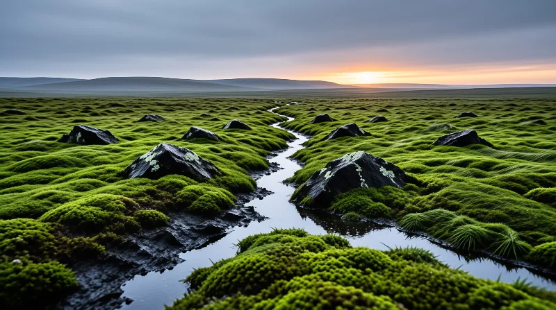 A narrow stream winds through a vibrant green mossy landscape dotted with dark rocks under a fading orange sky.