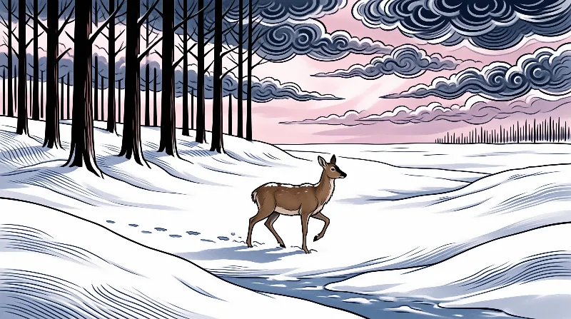 Brown spotted fawn traverses snow covered clearing beside bare dark trees under pink skies with swirling blue grey clouds