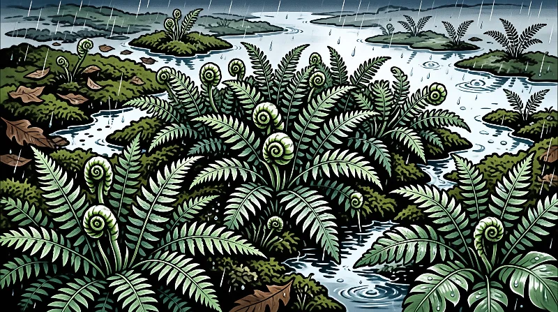 A stylized fern field with fiddleheads and mossy islands under a rainstorm.
