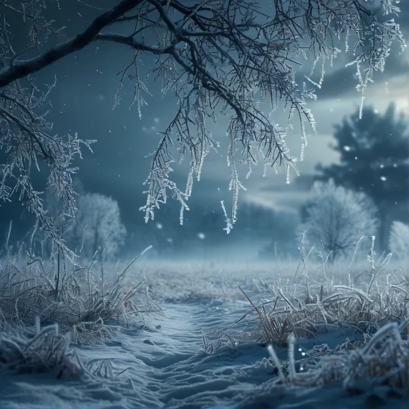 Frost encrusted branches arch over a snow covered landscape bathed in cool blue twilight light.