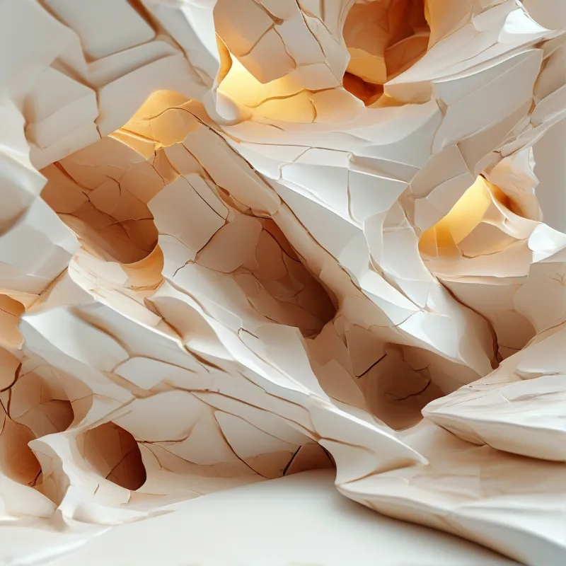 A close-up view of crumpled white paper revealing warm golden light glowing from within the deep crevices.