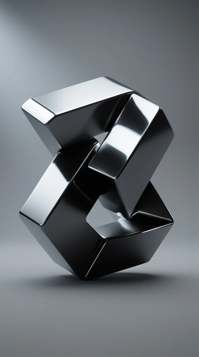 A reflective chrome geometric sculpture sits on a neutral gray studio background.