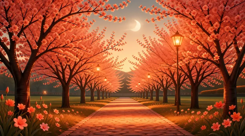 Cherry Blossom Path at Dusk